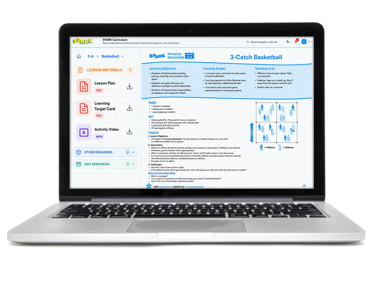 SPARK Digital platform showing the 3-6 Basketball lesson