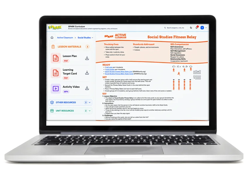 SPARK Digital platform on a laptop showing the Active Classroom Social Studies Fitness Relay lesson