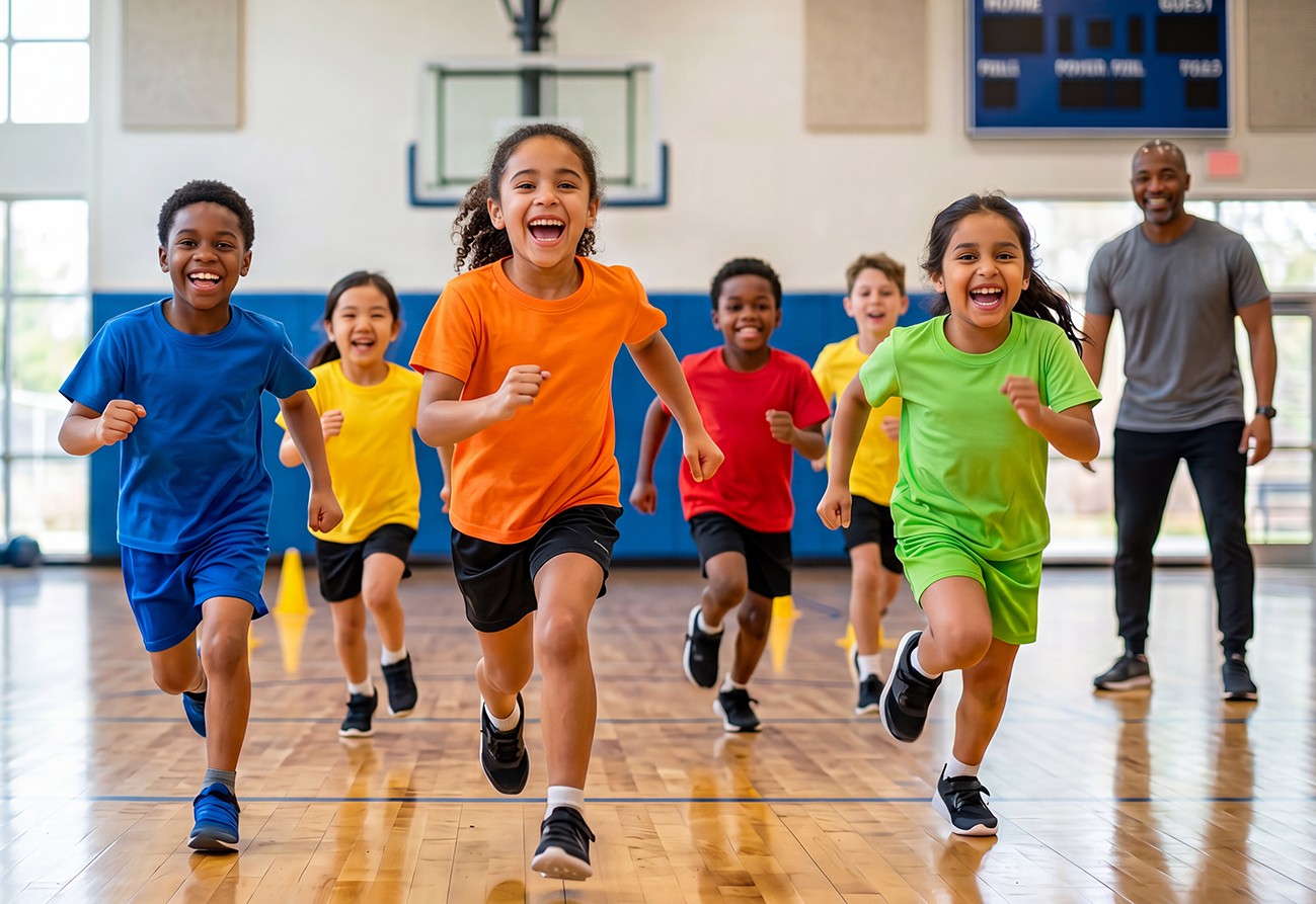 Students running and smiling in a school gymnasium PE class with their teacher