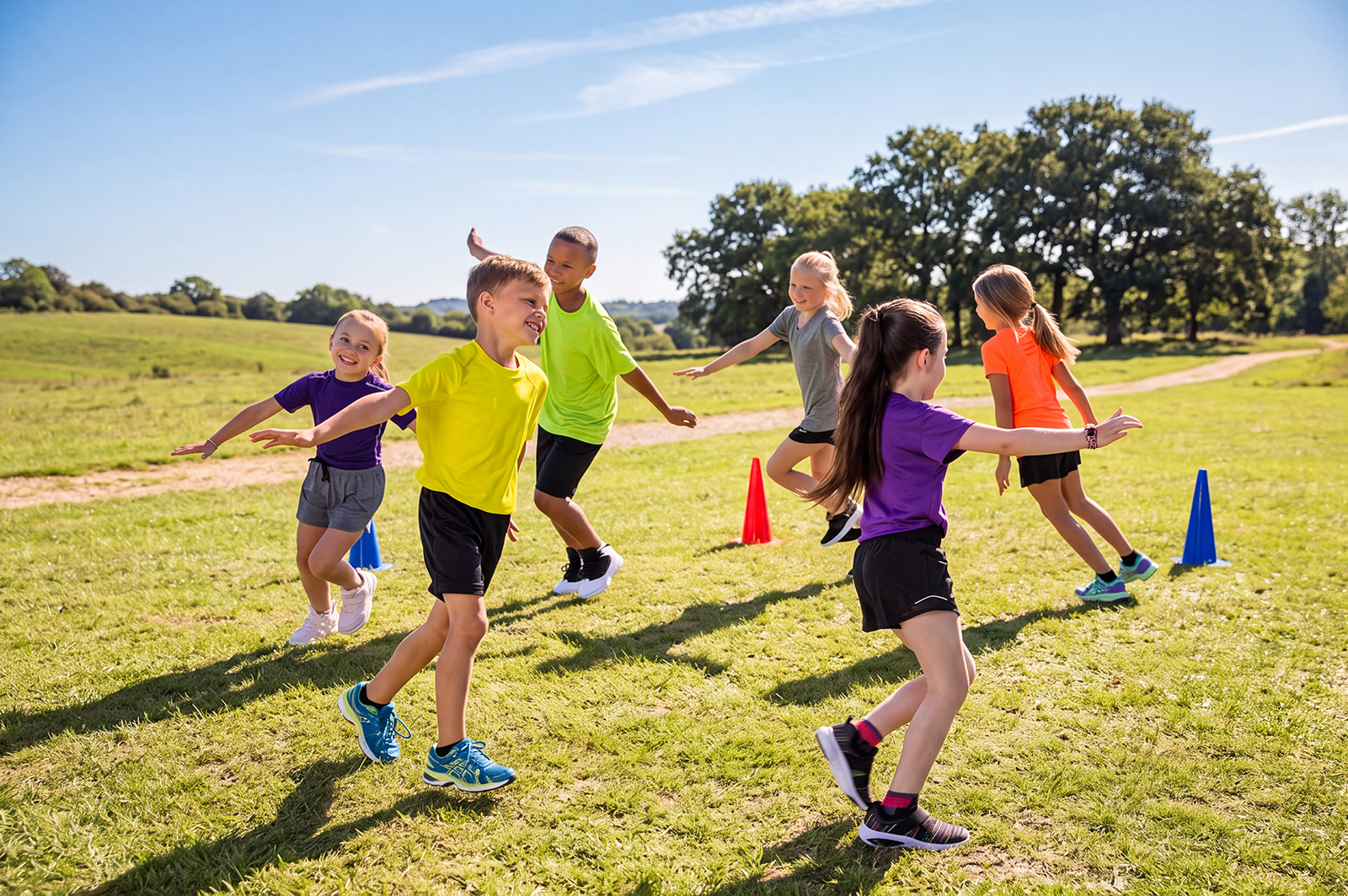 Children playing an active outdoor PE game with cones on a grass field