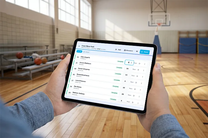 SPARK digital assessment tool shown on a tablet in a gymnasium