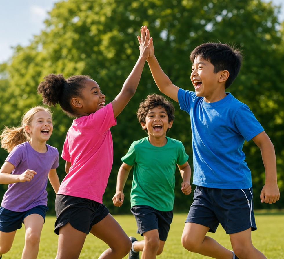 Students celebrating with high-fives during PE class