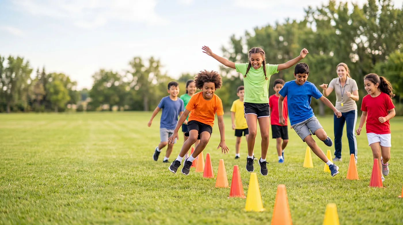 Kids jumping over cones in an outdoor summer activity