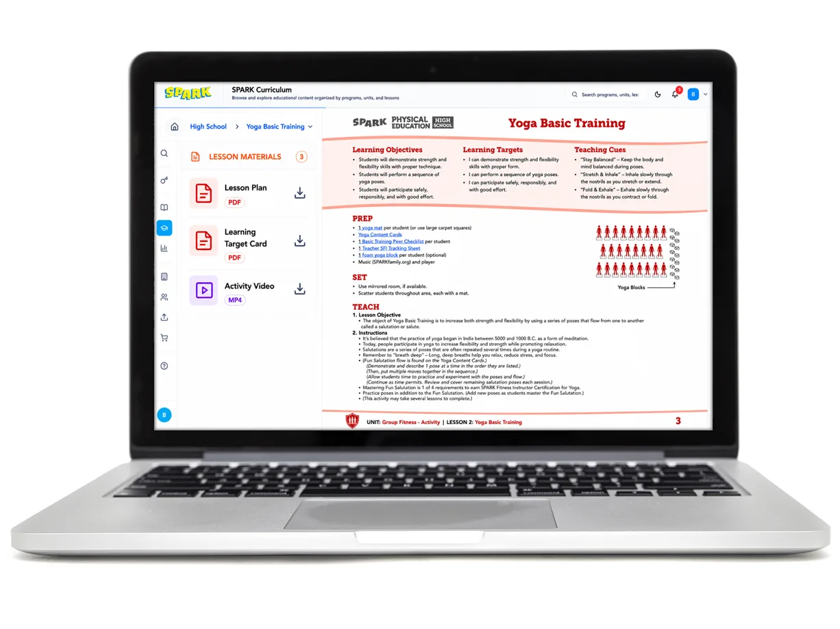 SPARK Digital platform on a laptop showing the High School Yoga Basic Training lesson