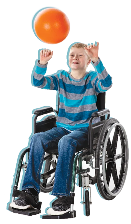 Child in a wheelchair catching a ball in a physical education class