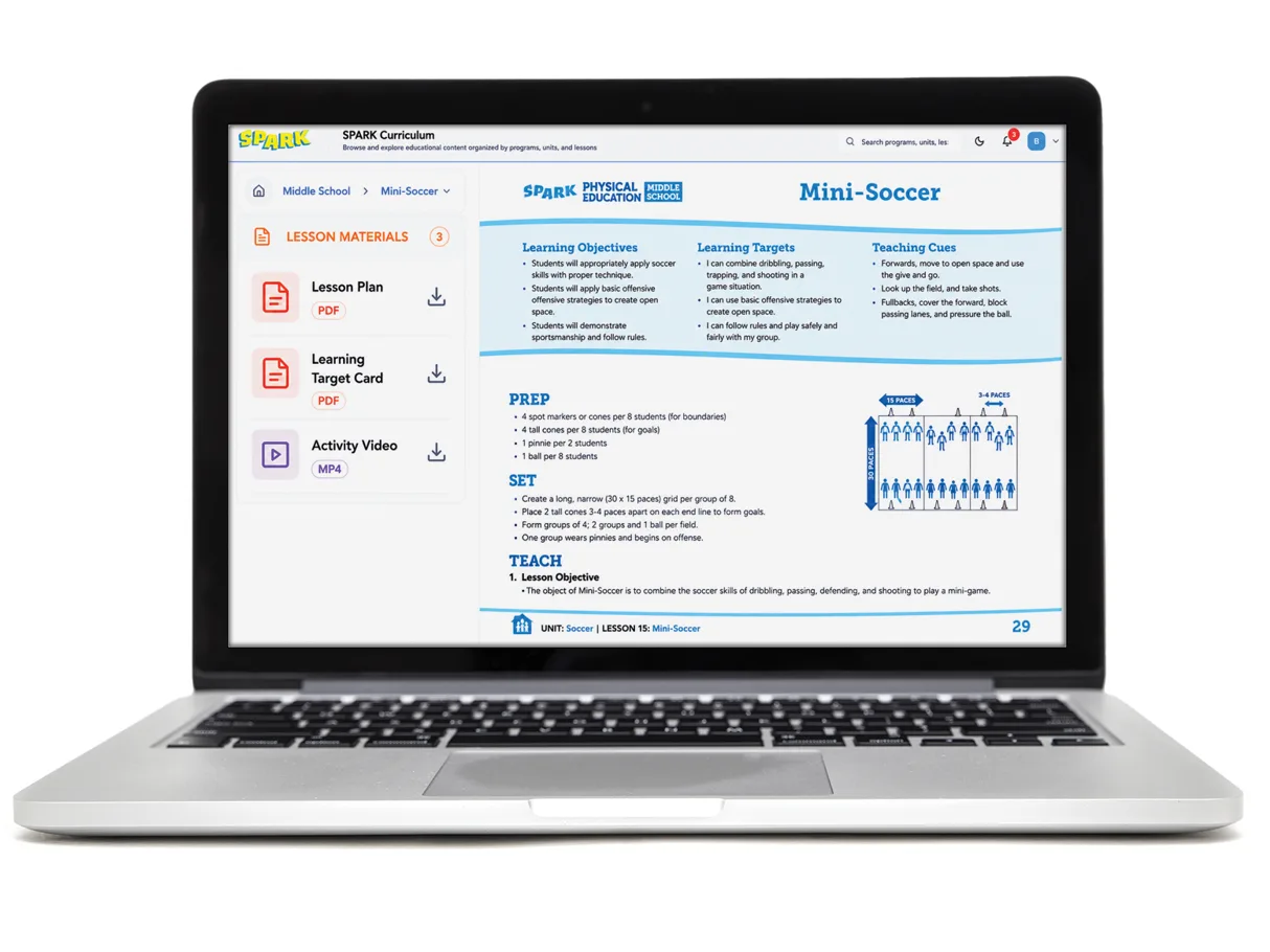 SPARK Digital platform on a laptop showing the Middle School Mini-Soccer lesson