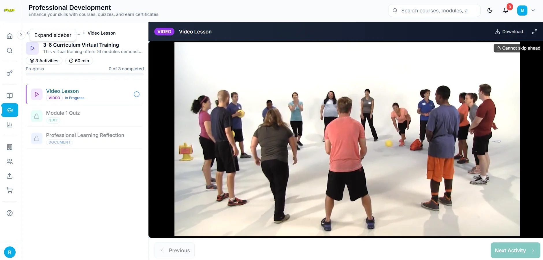 SPARKecademy professional development platform — video lesson view