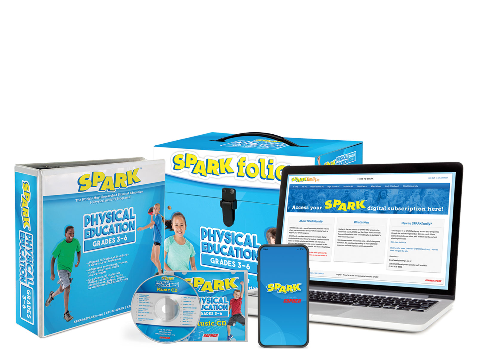 SPARK 3-6 curriculum includes a digital subscription, SPARKfolio, a printed manual, and music CD.  The curriculum set is blue. 