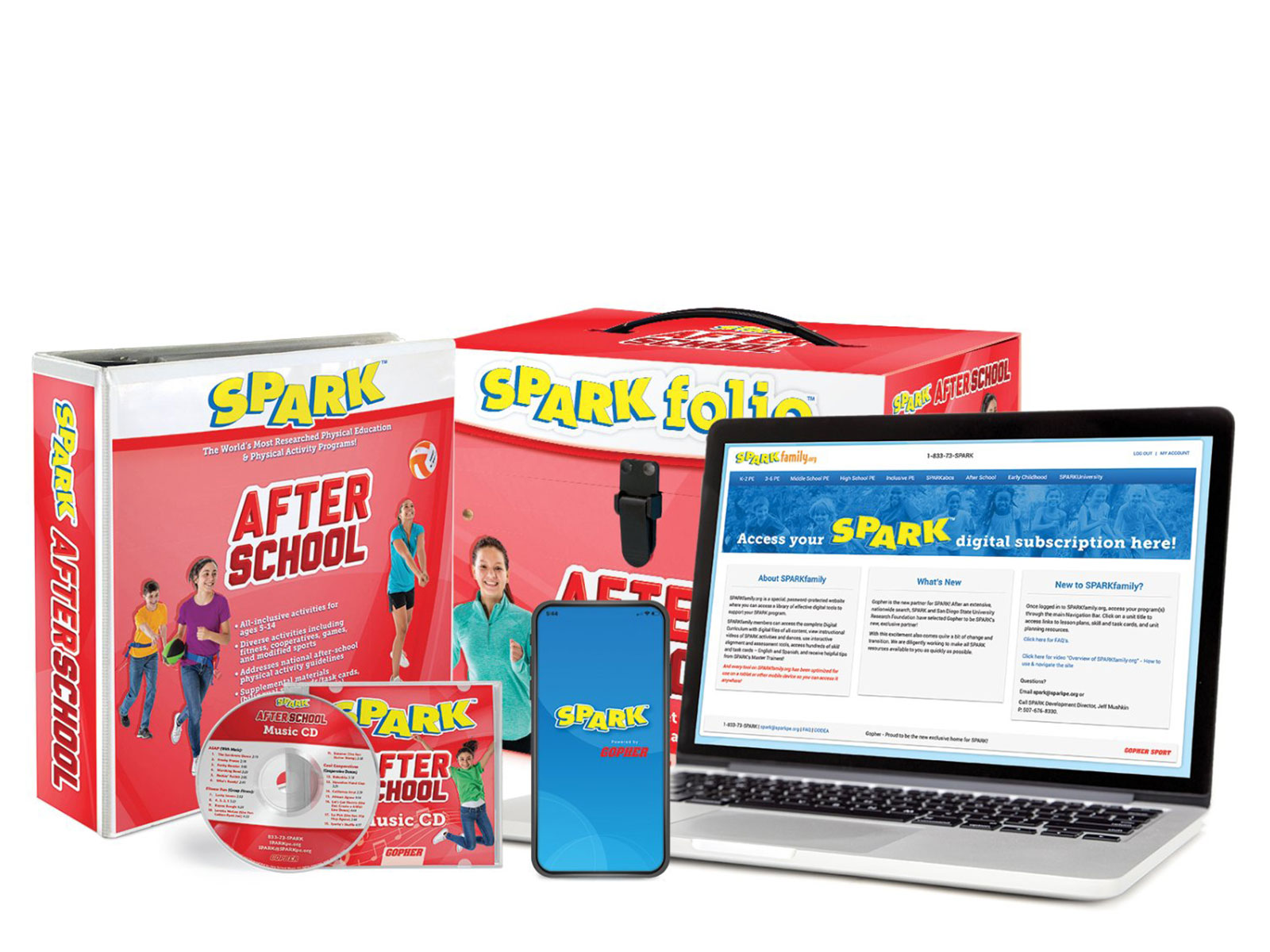 SPARK After School curriculum includes a digital subscription, SPARKfolio, a printed manual, and music CD. The curriculum set is dark red.