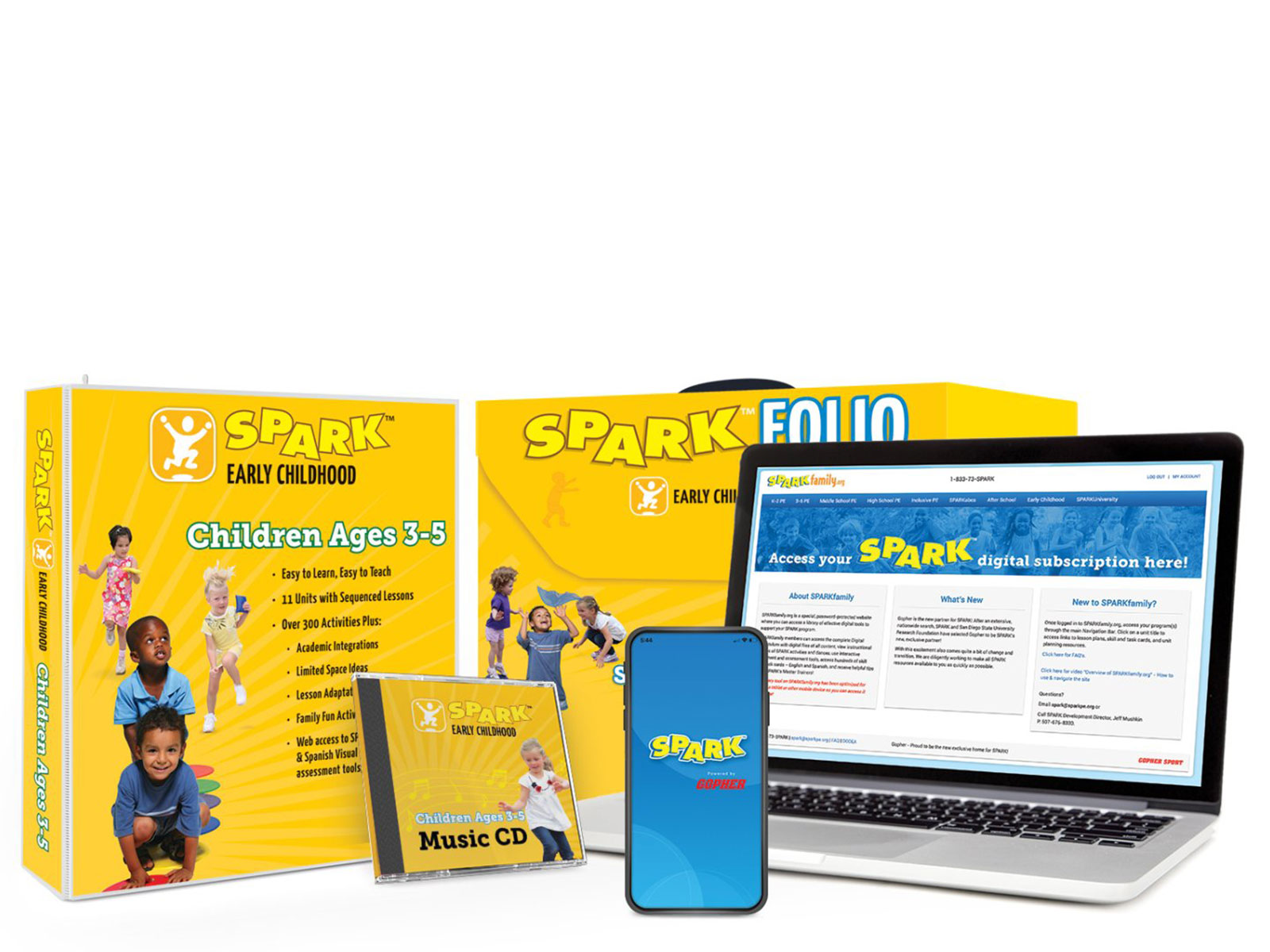 SPARK Early Childhood curriculum includes a digital subscription, SPARKfolio, a printed manual, and music CD. The curriculum set is yellow.