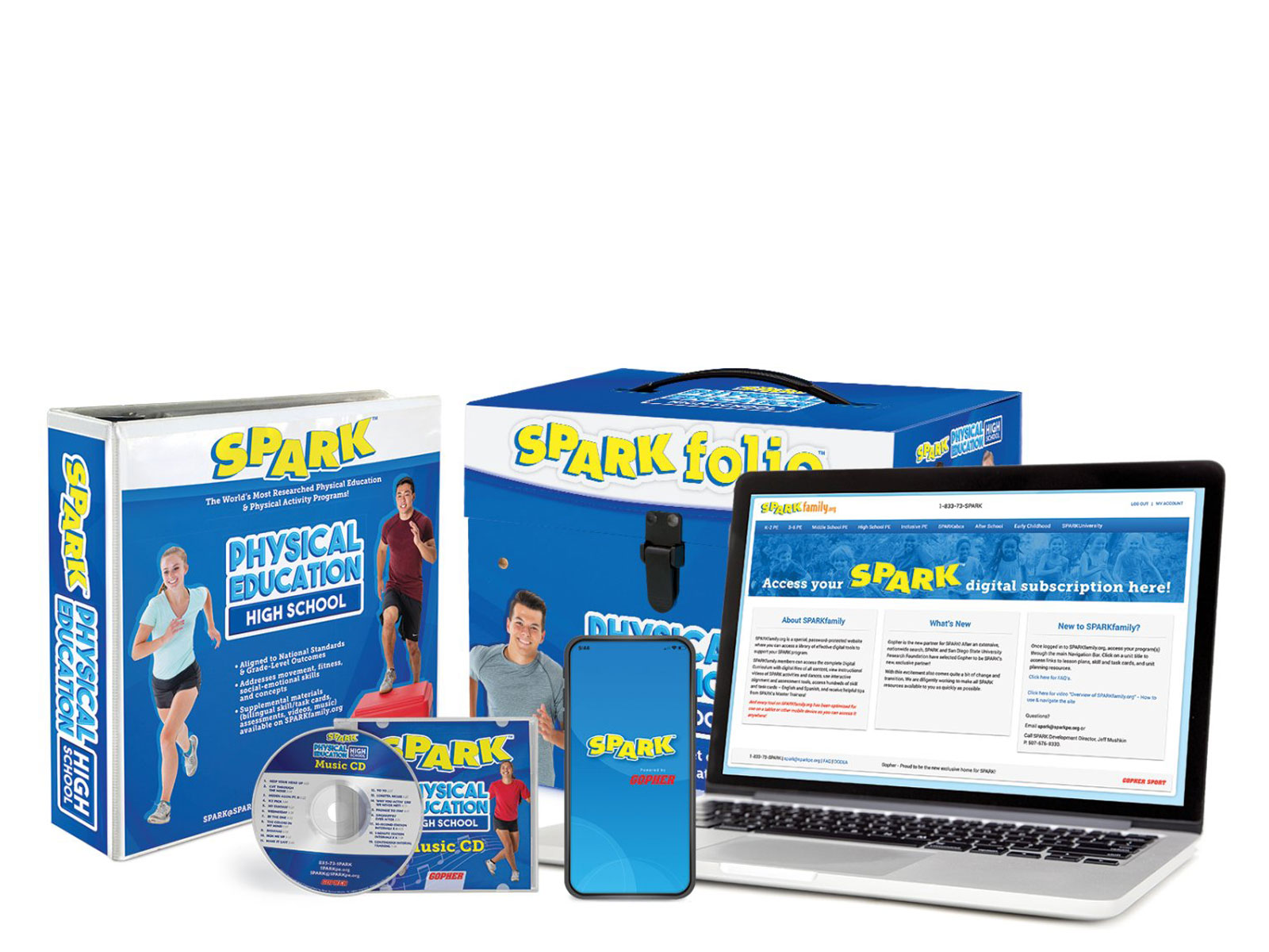 SPARK High School curriculum includes a digital subscription, SPARKfolio, and a printed manual.  The curriculum set is navy. 