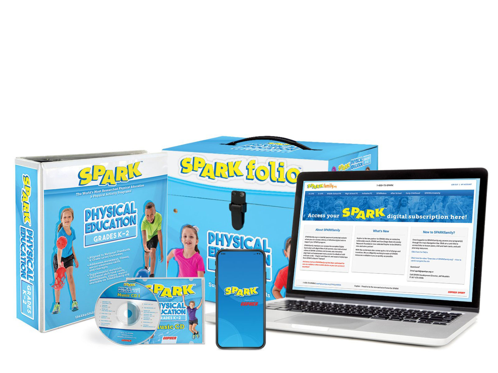 SPARK K-2 curriculum includes a digital subscription, SPARKfolio, a printed manual, and music CD.  The curriculum set is light blue.