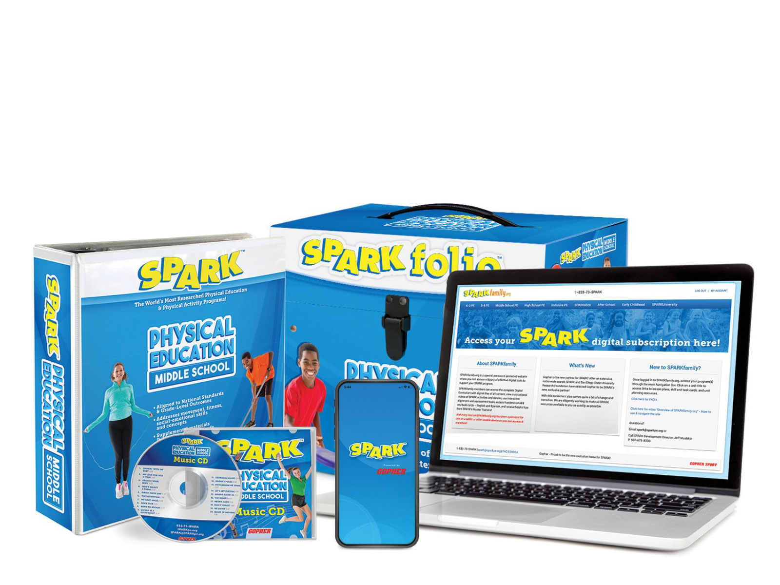 SPARK Middle School curriculum includes a digital subscription, SPARKfolio, a printed manual, and music CD.  The curriculum set is dark blue. 