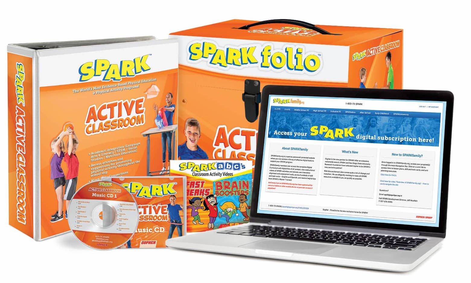 SPARK Early Childhood curriculum includes a digital subscription, SPARKfolio, a printed manual, and music CD.  The curriculum set is yellow.