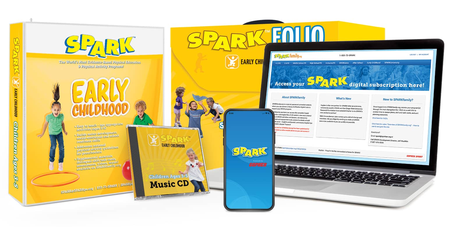 SPARK Early Childhood curriculum includes a digital subscription, SPARKfolio, a printed manual, and music CD.  The curriculum set is yellow. 